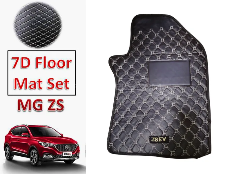 MG ZS 7D Echo Vinyle Floor Mat Set of 3pcs in Black with Beige Cross Stitched |Floor Mats 3Pcs| 1Set Image-1