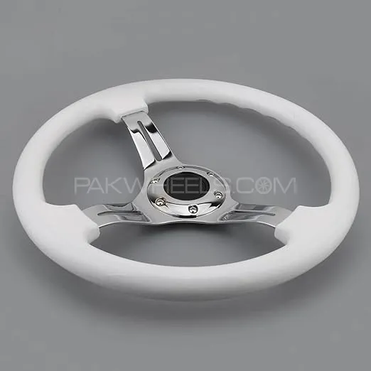 Universal Semi Dish White Chrome Steering Wheel In Premium Quality For Car 1 Pc Image-1